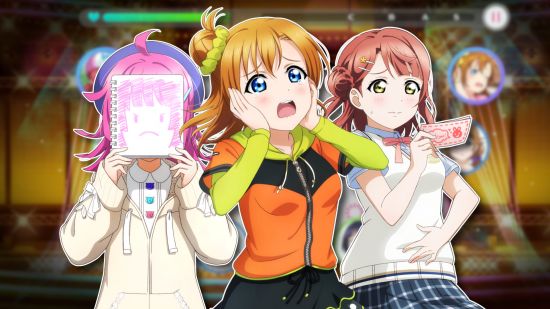 Love Live games: Distressed Honoka, worried looking Ayumu, and grumpy Rina-chan board outlined in white and pasted on a blurred SIF2 screenshot
