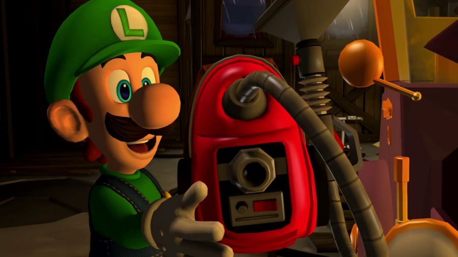 Screenshot of Luigi picking up the Poletergust 5000 in Luigi's Mansion 2 HD