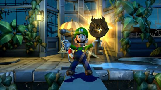 Custom image for Luigi's Mansion 2 HD review showing Luigi holding up a golden key