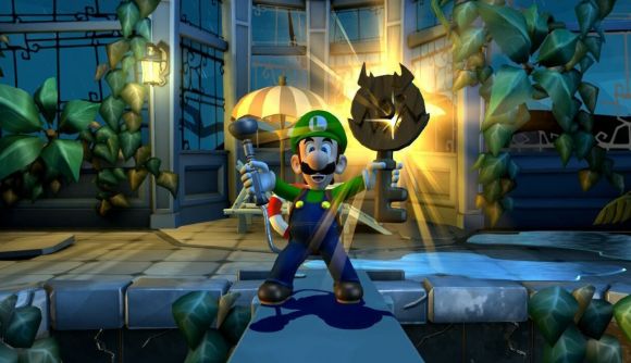 Custom image for Luigi's Mansion 2 HD review showing Luigi holding up a golden key