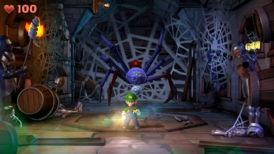 Custom image for Luigi's Mansion 2 HD review showing Luigi taking on the spider boss