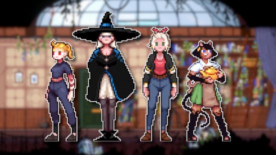 Magical Delicacy release date: Four pixel art characters from Magical Delicacy, outlined in white and pasted on a blurred screenshot