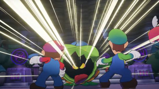 Mario and Luigi facing off against a green enemy