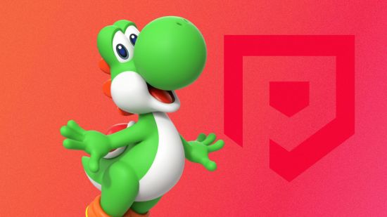 mario characters - a green yoshi on a red background