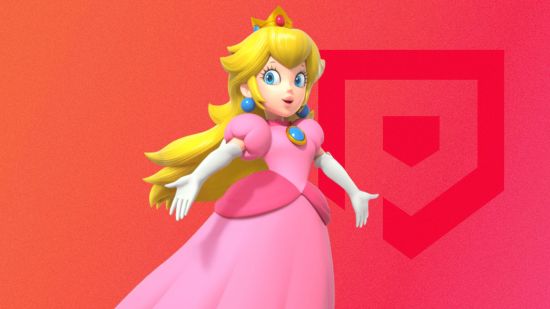 mario characters - princess peach in a pink dress on a red background