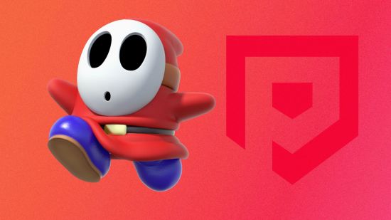 mario characters - a shy guy on a red background