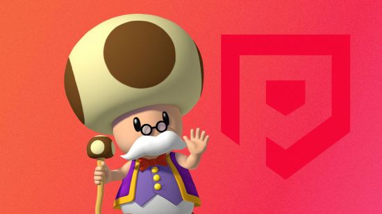 mario characters - toadsworth on a red background holding a staff and wearing purple