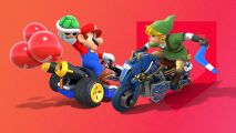 mario kart characters guide - Link and Mario riding karts while staring at each other