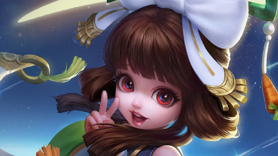 Art from Mobile Legends showing a young person with giant red eyes, doing a peace sign with her fingers. It's very cutesy, hyper-cartoony. She has long brown hair waving around the place.