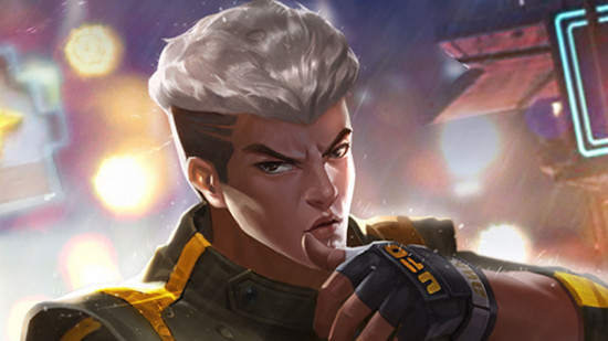Art from Mobile Legends showing a man with white hair on top, blackface on the sides, and an angular, mean-looking style. He has gloves and a black and yellow police-esque outfit on.