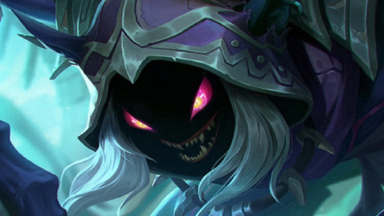 Art from Mobile Legends showing a scary darkened face, shadowed by a purple cowl and flowing silver hair. The face has animalistic purple eyes and a thin-lipped mouth full of sharp teeth.