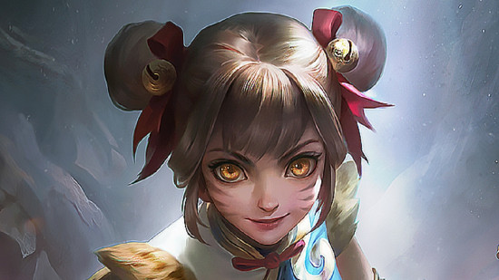 Art from Mobile Legends showing a woman with brown hair in buns on either side with bell-laden red bows tying them up. Her face has cat-like marks on it, her eyes are big and yellow, and her outfit seems slightly furry.