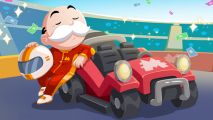monopoly go tycoon racers - the Monopoly Man leaning against a race car