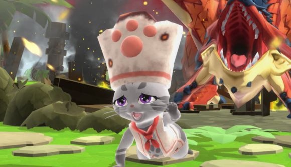 Monster Hunter Puzzles: Felyne Isles release date: A grey Felyne wearing a giant paw hat looking sad and scared as they crawl on the floor away from a big red dragon monster