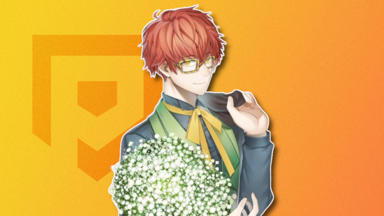 Mystic Messenger 707: 707 at Christmas wearing a suit and holding a bouquet of what looks like baby's breath flowers. He is outlined in white and pasted with a shadow on a mango PT background