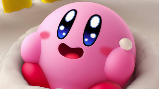 New Kirby game - Kirby sitting in a beige beanbag looking very happy with a smiling and dazzling eyes