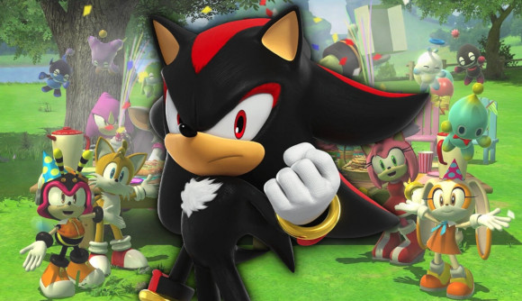 New Sonic games - shadow stood in front of the cast of sonic in a field
