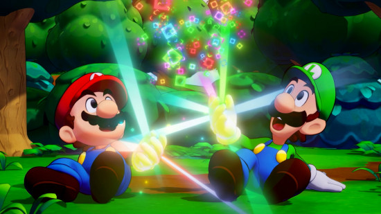 New Switch games - Mario and Luigi sitting on the grass looking at a bright light