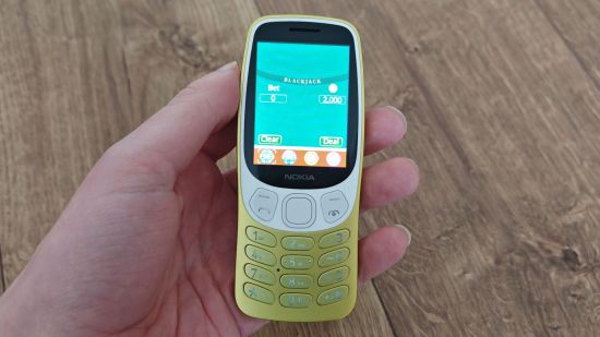 Custom image for Nokia 3210 review showing the phone playing Blackjack