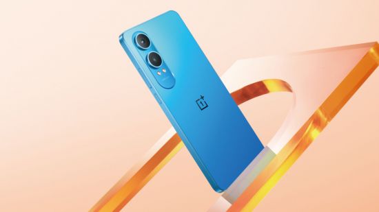 Official image for OnePlus Nord CE4 Lite with the blue version of the phone on an orange background