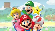 Play Nintendo Tour - Mario, Peach, Luigi, Toad, and a star in front of a dirt path with bushes