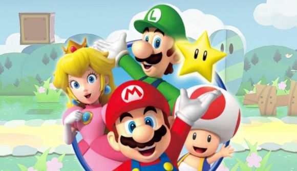 Play Nintendo Tour - Mario, Peach, Luigi, Toad, and a star in front of a dirt path with bushes