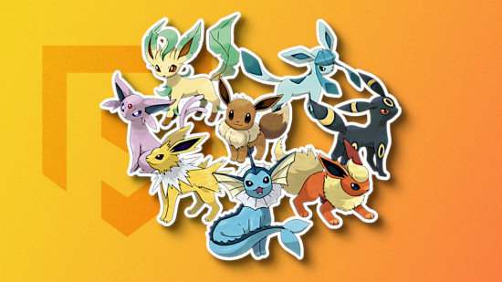 Every Pokémon Go Eevee evolution against a red coloured background with the Pocket Tactics logo