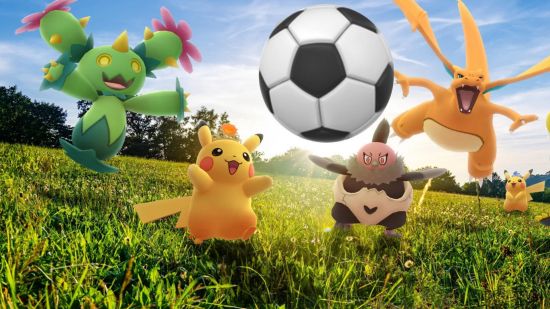 Vatrious Pokemon including pikachu and charizard running after a soccer ball in a field
