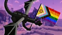Minecraft Ender Dragon flies the pride progress flag for Pride Village event