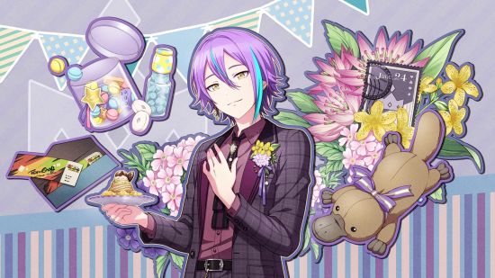 Project Sekai events: Rui's 2024 birthday card featuring him dressed in an aubergine-colored suit holding a plate of dessert. In the background there is blue and green bunting on a lilac backdrop, and highlighted images of a stuffed platypus, some flowers, and some snacks