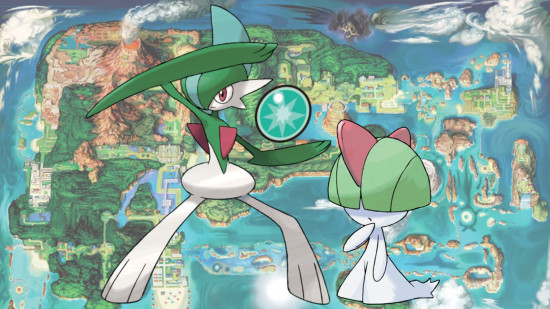 Ralts evolution - Gallade, a dawn stone, and Ralts in front of a map of Hoenn