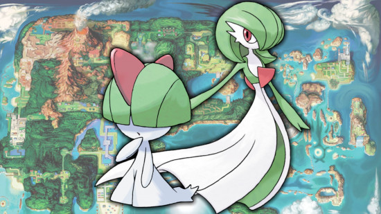 Ralts evolution - Ralts and Gardevoir in front of a map of Hoenn