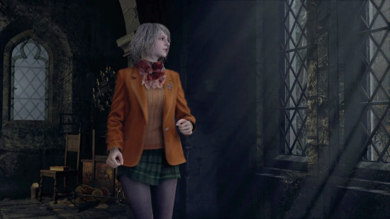 Resident Evil 4's Ashely walking through a dark corridor in a castle looking out a window