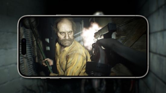 Resident Evil 7 mobile: An iPhone showing an in-engine screen of the Baker dad being shot, pasted on a blurred game screen