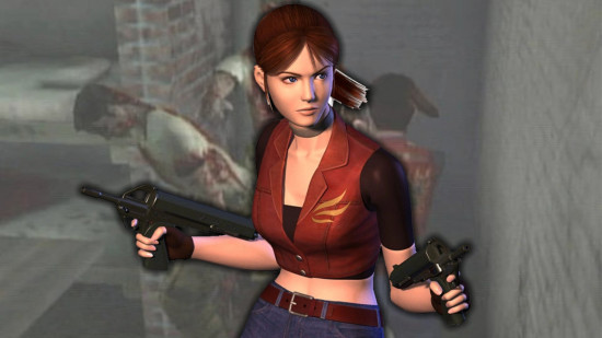 Resident Evil Code Veronica Remake - Claire Redfield holding guns in front of a screenshot of her shooting two zombies