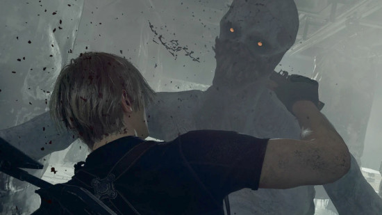 Resident Evil monsters - Leon Kennedy stabbing a Regenerador in the neck
