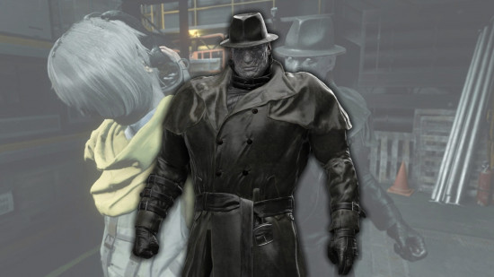 Resident Evil Tyrant Mr X stood in front of a screenshot him himself holding a girl by the throat