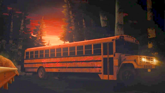 Roblox horror games - some key art from Elmira showing an abandoned school bus in front of some trees at sunset