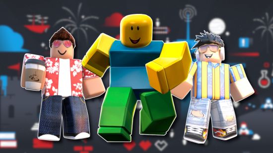 Roblox Humble Bundle: The Roblox Noob and two summer-themed Roblox character renders outlined in white and pasted on a blurred Humble graphic in dark grey, blue, and red