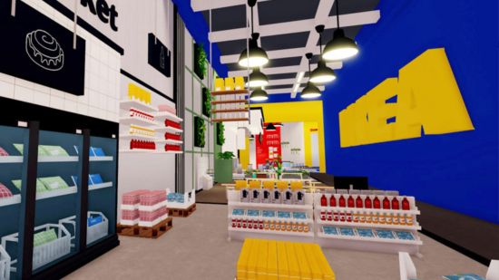 Roblox IKEA store screenshot showing the inside of the shop with produce, fridges, and pallets