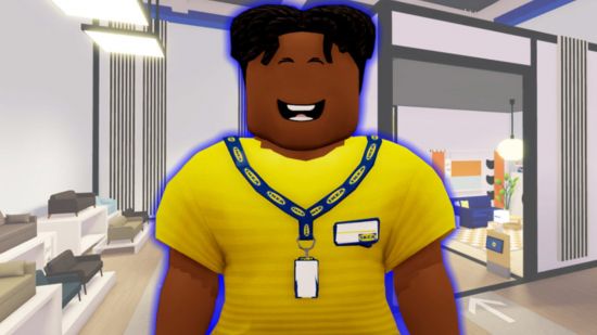 Roblox IKEA store employee stood in front of a show room which couches behind him