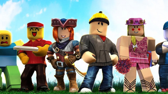 Roblox unblocked: a large group of different characters from Roblox games standing on a hill