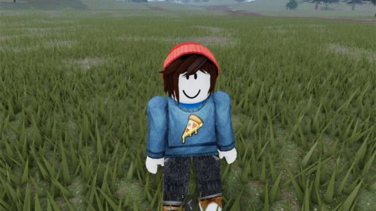 SCP Warfare Tycoon 2 codes: an avatar in a blue pizza jumper and red beanie stood in the middle of a grass field