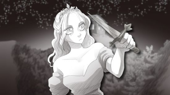 Slay the Princess - The Pristine Cut release date: The princess holding a dagger, pasted on a slightly blurred image of the cabin on the hill, all in black and white