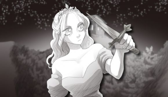 Slay the Princess - The Pristine Cut release date: The princess holding a dagger, pasted on a slightly blurred image of the cabin on the hill, all in black and white