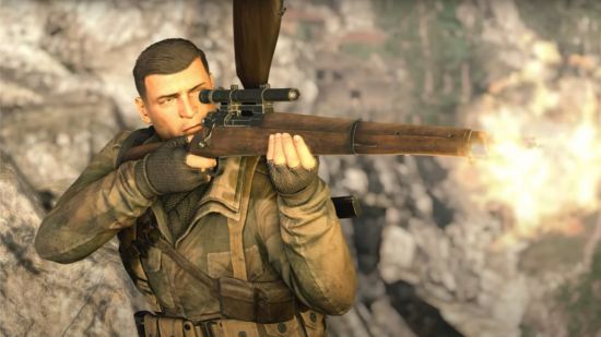 Sniper Elite 4 Apple release screenshot showing the sniper firing his rifle in front of a cliff side