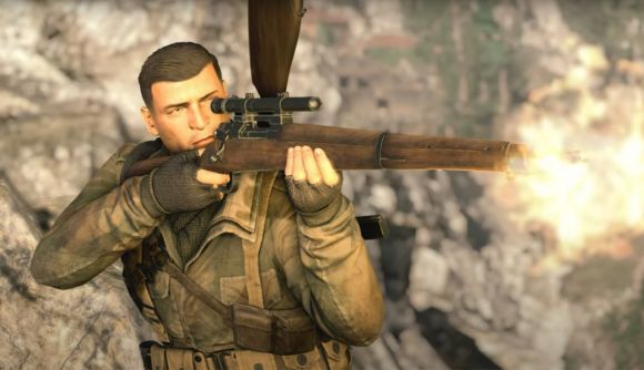 Sniper Elite 4 Apple release screenshot showing the sniper firing his rifle in front of a cliff side