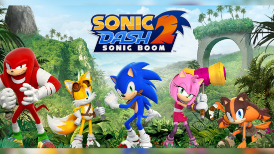Sonic games: From left to right, Knuckles, Tails, Sonic, Amy, and Sticks superhero posing in the jungle under a Sonic Dash 2 Sonic Boom logo