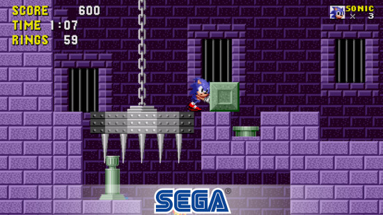Sonic games: A screenshot from Sega's Sonic the Hedgehog Classic on mobile, showing a dark purple prison level