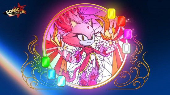 Sonic games: A stained-glass-style illustration of Burning Blaze surrounded by the chaos emeralds from Sonic Forces, with the logo in the top left corner